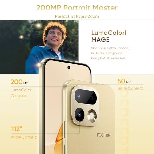 realme 16 Pro 5G Smartphone 8+256GB, Master Gold, MediaTek Dimensity 7300 Max, 6.78 Inches 144 Hz AMOLED, 200MP OIS Rear Camera, 50MP Front Selfie, 6500mAh Battery, 80W Ultra Charge, NFC,eSIM, IP69