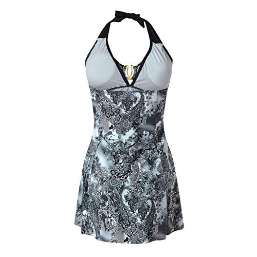 Duseedik Women's Halter Plus Size Swimwear National Print Tankini Swimjupmsuit Plus Size Swimsuit Beachwear Padded Gray - Thumbnail 5