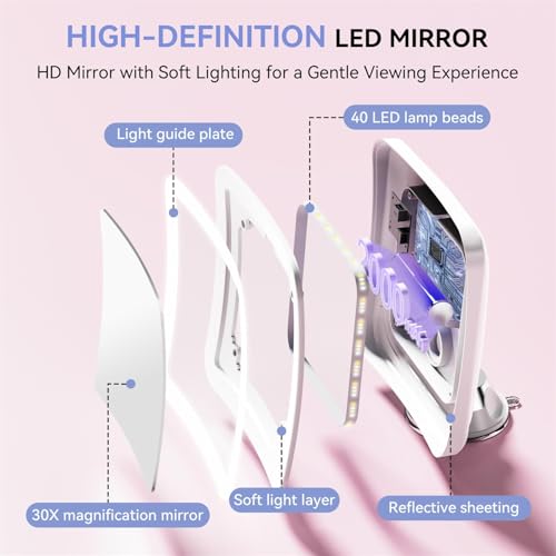 Auxmir 30X Rechargeable Magnifying Mirror, Makeup Mirror with 3 LED Light Colours, Adjustable Brightness Powerful Suction Cup, Bathroom Cosmetic Mirror