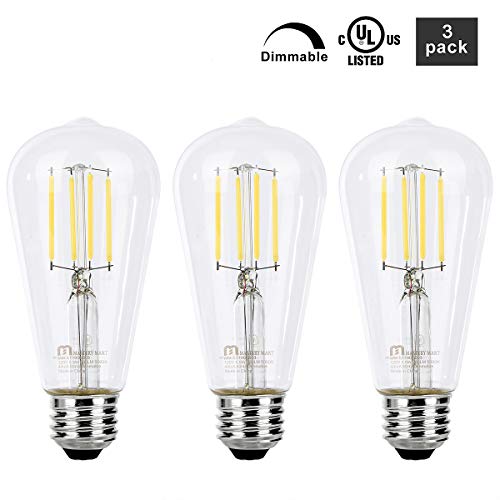 Mastery Mart Vintage LED Light Bulb, Clear Glass ST21 Antique Edison Bulb, Dimmable 5.5W (60W Equivalent), 500LM 5000K Daylight White, E26 Base Decorative Filament Bulbs, UL Listed, 3 Pack