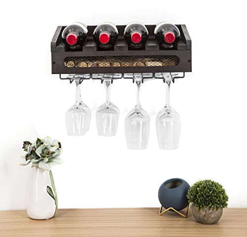 SODUKU Wall Mounted Wooden Wine Rack 4 Wine Bottles and 4 Long Stem Glasses Holder Wine Cork Storage Rack Espresso