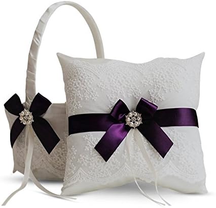 Alex Emotions Ivory Ring Bearer Pillow and Basket Set | Lace Collection | Flower Girl & Welcome Basket For Guest | Handmade Wedding Baskets & Pillows (PLUM)