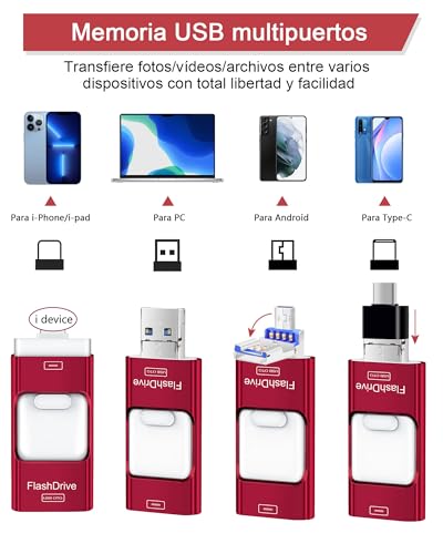 ZARMST USB Flash Drive 256GB for Phone and Android, 4 in 1 USB 3.0 with Iightning/USB-C/Micro USB/USB-A, External Memory for Mobile, Photo and Video Storage, Red