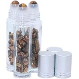3PCS 10ml Tiger Eye Gemstone Essential Oil Roller Bottles Clear Glass Perfume Roll-on Bottles Sample Vials with Silver Caps and Healing Crystal Chips Inside