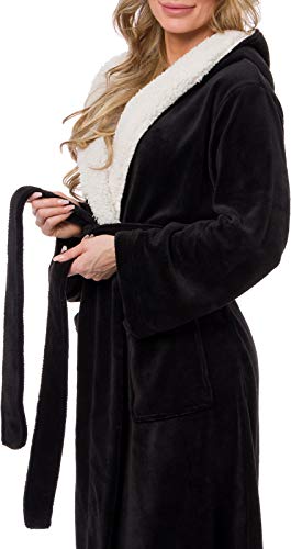 Silver Lilly Full Length Hooded Long Robe - Women's Luxury Plush Bathrobe w/Sherpa Trim Collar (Black, Small/Medium) - Thumbnail 3