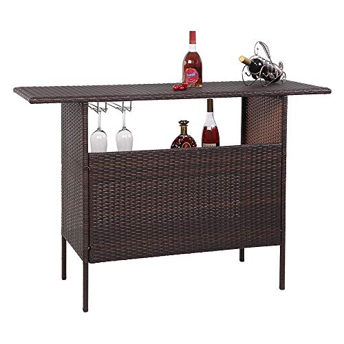 VINGLI Outdoor Wicker Bar Table with 2 Steel Shelves, 2 Sets of Rails, Rattan Bar Counter Table  ...