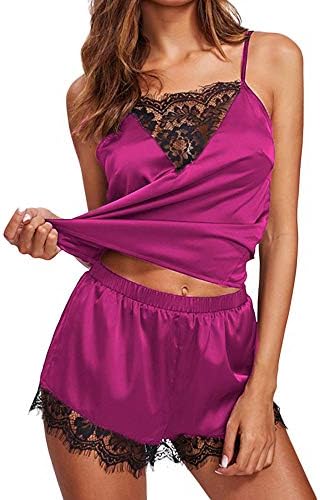Women's Pajama Set, Sleepwear Sleeveless Strap Nightwear Lace Trim Satin Cami Top
