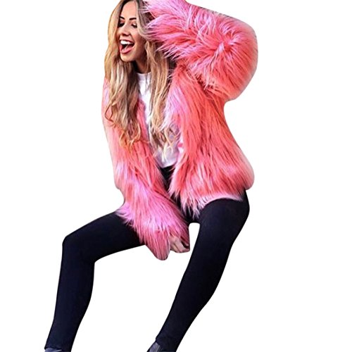 NEW !!! MOSE Fashion Women Plus Size Long Sleeve Loose Elegant Warm Faux Fur Flowing Hair Coat (L, Watermelon)