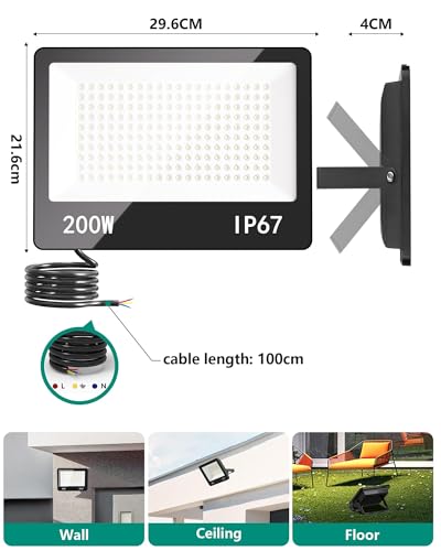 200W 2PCS 20000LM Powerful Outdoor LED Spotlight 6500K Cool White IP67 Waterproof Security Lighting for Garden, Patio, Garage, Terrace, Warehouse