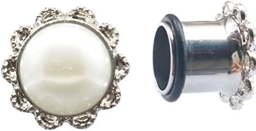 Pair of Stainless Steel Single Flare Ear tunnel Plugs with Pearl Body Piercing Jewelry (8mm 0g)
