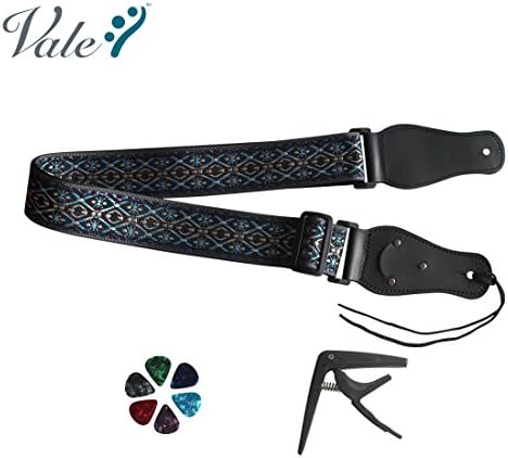 VALE Adjustable Jacquard Weave Guitar Strap with Leather Ends and Pick Holder for Electric Guitar/Acoustic Guitar Gift Free Guitar Picks and One Capo, Purple and Blue