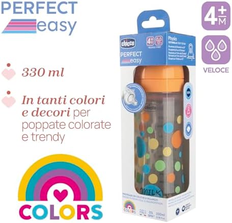 Biberon Perfect Easy Flusso Veloce, con Tettarella Physio in Morbido Silicone Soft Sense, Anticolica, Riduce Rigurgito e Irritabilità, Bottiglia in Plastica da 330ml, 4 Mesi+, Bambino
