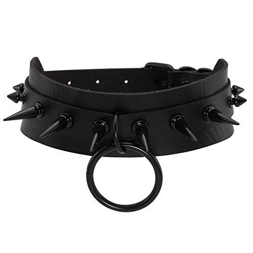 Manfnee Punk Gothic Choker Collar PU Leather O- Ring Spike Choker Necklace for Man Women Adjustable