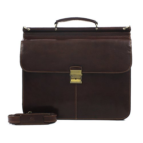 Tony Perotti Mens Italian Leather Top Handle Dowel Rod Double Compartment 15.4" Laptop Business Briefcase, Brown