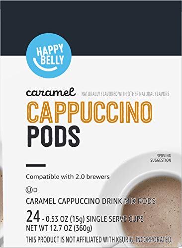 AMAZON BRAND – HAPPY BELLY CAPPUCCINO COFFEE PODS COMPATIBLE WITH K CUP BREWERS, LIGHT ROAST, CARAMEL FLAVORED, 24 COUNT, 12.72 OUNCE (PACK OF 1)
