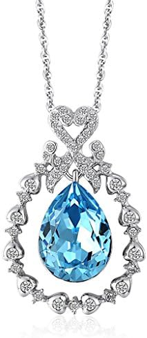 LELEKISS Women Necklace Teardrop Aquamarine Swarovski Crystal Birthstone with Pear-shaped Gold Plated Frame Pendant Necklace, 16''+2'' Extender