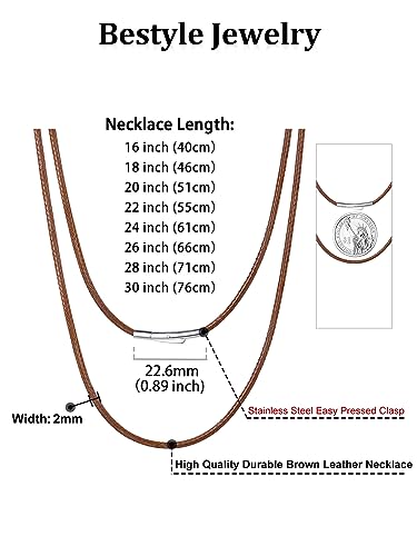 Bestyle Leather Chain Necklace 2 mm/3 mm Leather Chain Cord with Stainless Steel Clasp for Men 40 cm-76 cm
