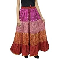 Womens Maxi Skirt Flare Tiered Pink Silk Sari Tiered Belly Dance Skirts L