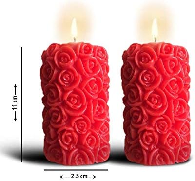 FURNISHING FACTORY Set of 2-11 H x 2.5 W cm | Premium Rose Scented Designer Pillar Candles for Gift, Home, Bedroom, Living Room, Festival Decoration