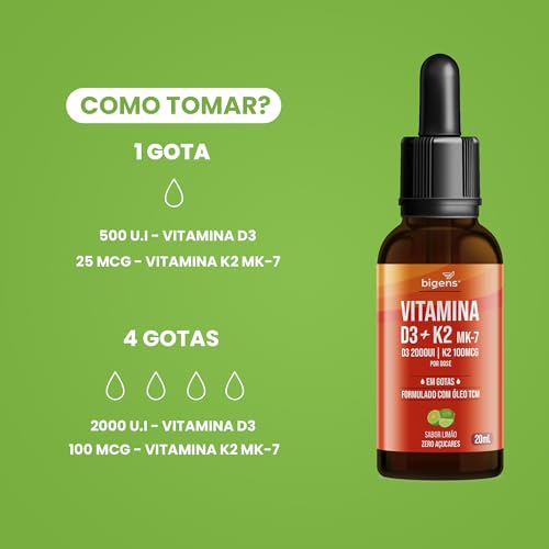 Biogens Vitamina D3 + K2 MK-7, em Gotas, D3 2000UI | K2 100mcg, Sabor Limão, Kit 2x 20ml