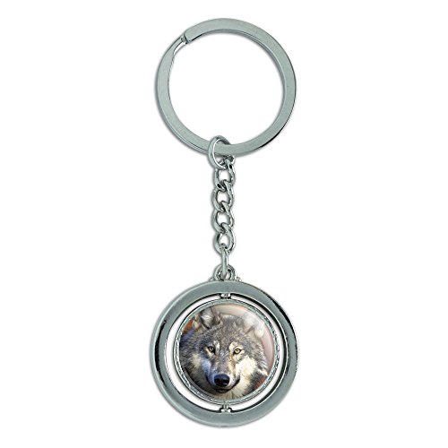 Gray Wolf with Fall Background Spinning Round Metal Key Chain Keychain Ring