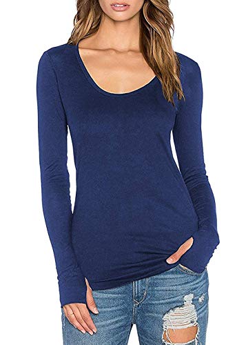 Ssyiz Women's Casual Loose Scoop Neck Long Shirt Long Sleeve with Thumb Holes M Navy Blue