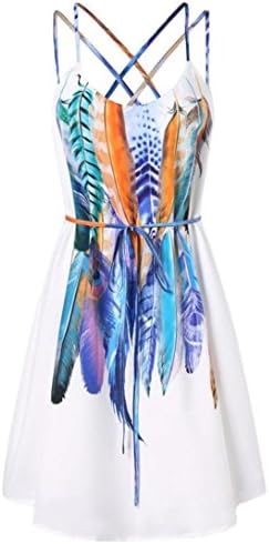 ALIKEEY Women Casual Printed Feathers Pattern Cami Strap Dress