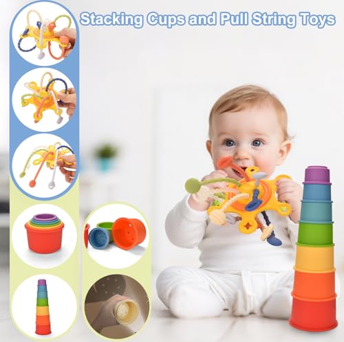 Baby Toys 6 to 12 Months,6 in 1 Montessori Toys for Babies 6-12 Months,Sensory Toy Babies Stacking Blocks Rings,Infant Teething Toy Cups Tissue Box Toy for 6 8 9 12 Months Boys & Girls Baby Gift