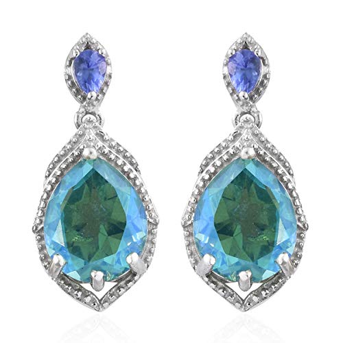925 Sterling Silver Platinum Plated Peacock Quartz Tanzanite Dangle Drop Earrings Cttw 6.7