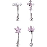 Zynova 4Pcs 316L Surgical Steel Eyebrow Piercing Curved Barbell for Women 16G Pink CZ Flower Cross Pearl Eyebrow Rings Studs Tiny Rook Cartilage Earrings Belly Ring Body Piercing Jewelry