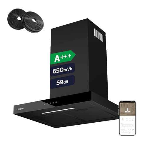 CIARRA CBCB6102 Extractor Hood 60 cm A+++ 650 m³/h – App & TouchControl – 4 Speeds + Booster – Recycling & Evacuation – Carbon Filter CBCF003 – Black