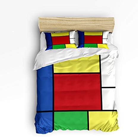 3 Piece Polyester Fabric Bedding Set with Zipper Closure Full Size, Colorful Abstract Geometric Block Comforter Cover Set Duvet Cover with 2 Pillow Shams for Girls/Boys/Kids/Children/Teen/Adults