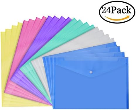 SUNHE 24pcs Waterproof Transparent Poly Envelope, Document Folder With Snap Button Closure, A4 Size, 6 Assorted Colors (Colorful)