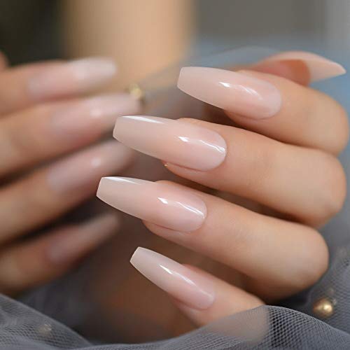 Nude Extra Long Fake Nails Coffin Full Cover Glossy False Nail Long Ballerina Nails with Glue Sticker