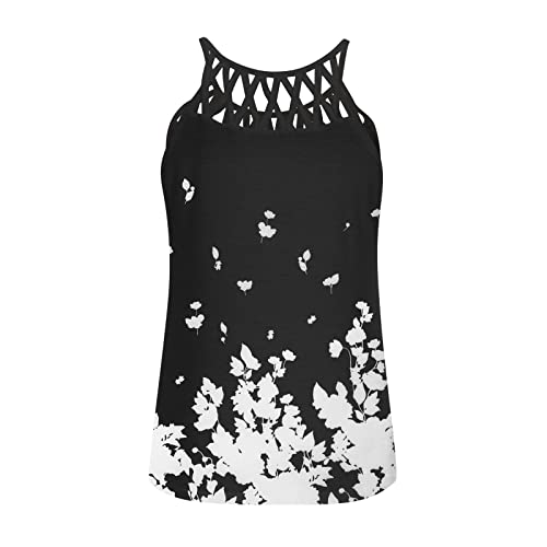 Women\'s Fashion Sleeveless Halter Blouses Sexy Mesh Hollow Floral Print Tank Tops Loose Fit Summer Casual Crewneck Yoga Shirt