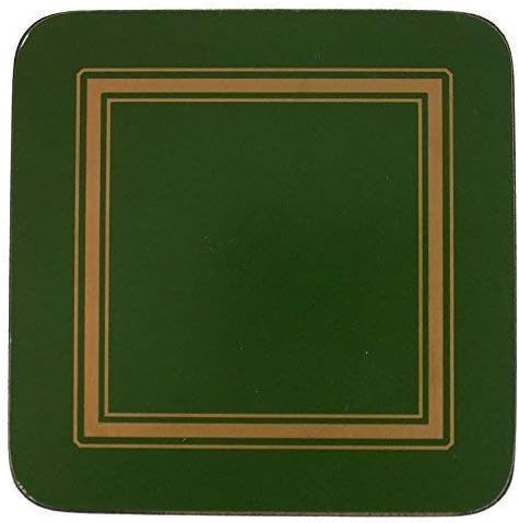 SET OF 6 GREEN GOLD BORDERED CLASSIC CORK BACKED COASTERS 10.5 X 10.5 X 0.6CM