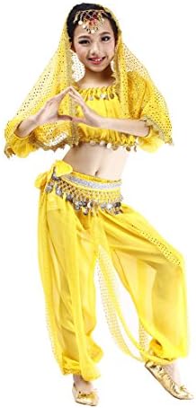 Feimei Girl’s Exotic Jasmine Belly Dance Costume Set With Halter Top Harem Pants and Sequin Coins Designed For Performance Cosplay Carnival and Halloween Party (Yellow, Medium)