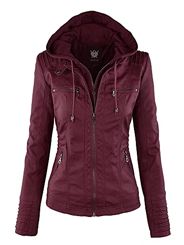 Lock and Love LL WJC663 Womens Removable Hoodie Motorcyle Jacket L Cam Lock and Love Women\u0027s Hooded Faux Leather Moto Biker Jacket Large