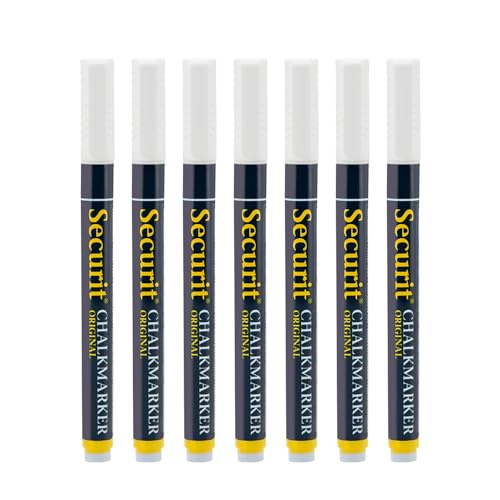 Securit Original Chalk Marker Pen Blister Pack, 1-2mm Nib Pack of 7 - White, Liquid Chalk Pens, Whiteboard Markers, Chalk Pens for Blackboard, White Erasable Pens