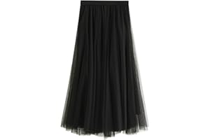 JHDESSLY Women's Mesh Midi Skirt A-Line Tulle Skirt Elastic Waist Layered Skirt Flowy Pleated Tulle Skirt for Party
