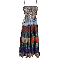 Mogul Womens Maxi Dress Recycled Vintage Sari Patchwork Smocked Bodice Holiday Sundress