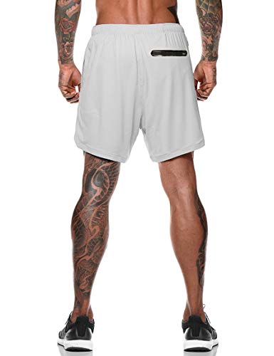 FLYFIREFLY Men's 2-in-1 Workout Running Shorts 7" Lightweight Gym Yoga Training Sport Short Pants Grey