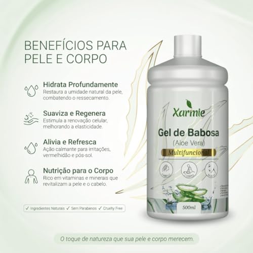 Xarmie Gel de Babosa Orgânica 500ml | Hidratante Natural Multiuso, Para Cabelo, Rosto e Corpo, 100% Natural, Vegano