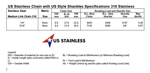 image for US Stainless 6 Foot Stainless Steel 316 Anchor Chain 5/16