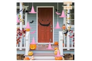 Whaline 14Pcs Halloween Pink Witch Hat with 109 Yards Hanging Rope 32Pcs 3D Bat Stickers Scary Witch Cap Halloween Hanging Decoration for Halloween Home Inside Outside Garden Yard Lawn Decoration