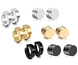 Paxuan 6 Pairs Mens Womens Stainless Steel Silver Gold Black Non Pierced Hoop Huggie Cuff Earrings Clip on Earrings Magnetic Stud Earrings Set (6 Pairs)