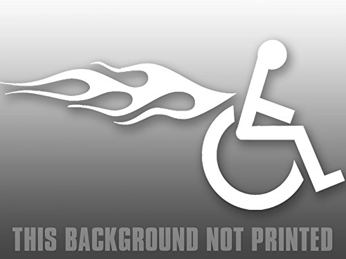 American Vinyl RIGHT FACING White Wheelchair w Flames Window Sticker (handicapped handicap decal NO BACKGROUND)