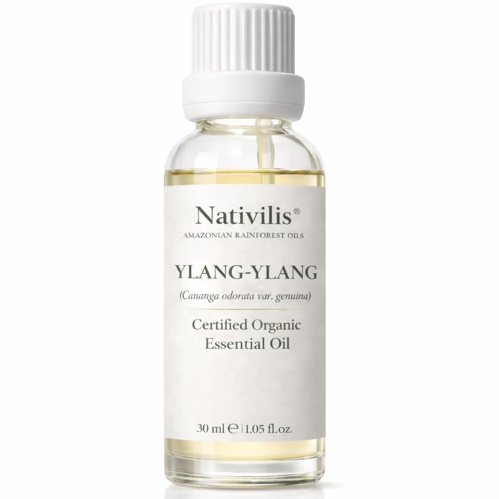 Nativilis Organic Ylang Ylang Essential Oil Cananga odorata var. genuina regulates oil production, soothing growth of the skin, moisturises antibacterial Copaiba aromatherapy