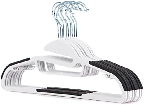 Popular Design Products 10 pc Premium Quality Easy-On Clothes Hangers - White with Black Non-Slip Pads - Space Saving Thin Profile - For Shirts, Pants, Blouses, Scarves – Strong Enough for Coats