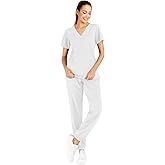 Minty Mint Women's Solid Stretch Medical Uniform Scrub Set V Neck Top Cargo Tapered Jogger Pants White L
